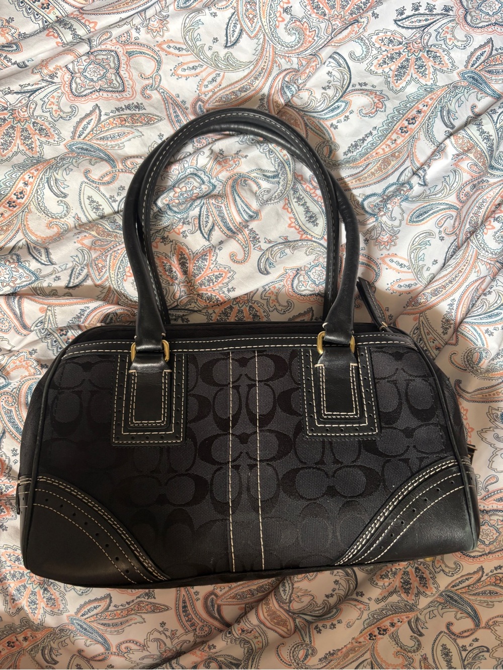 Coach Black Signature Satchel with White Contrast Stitching